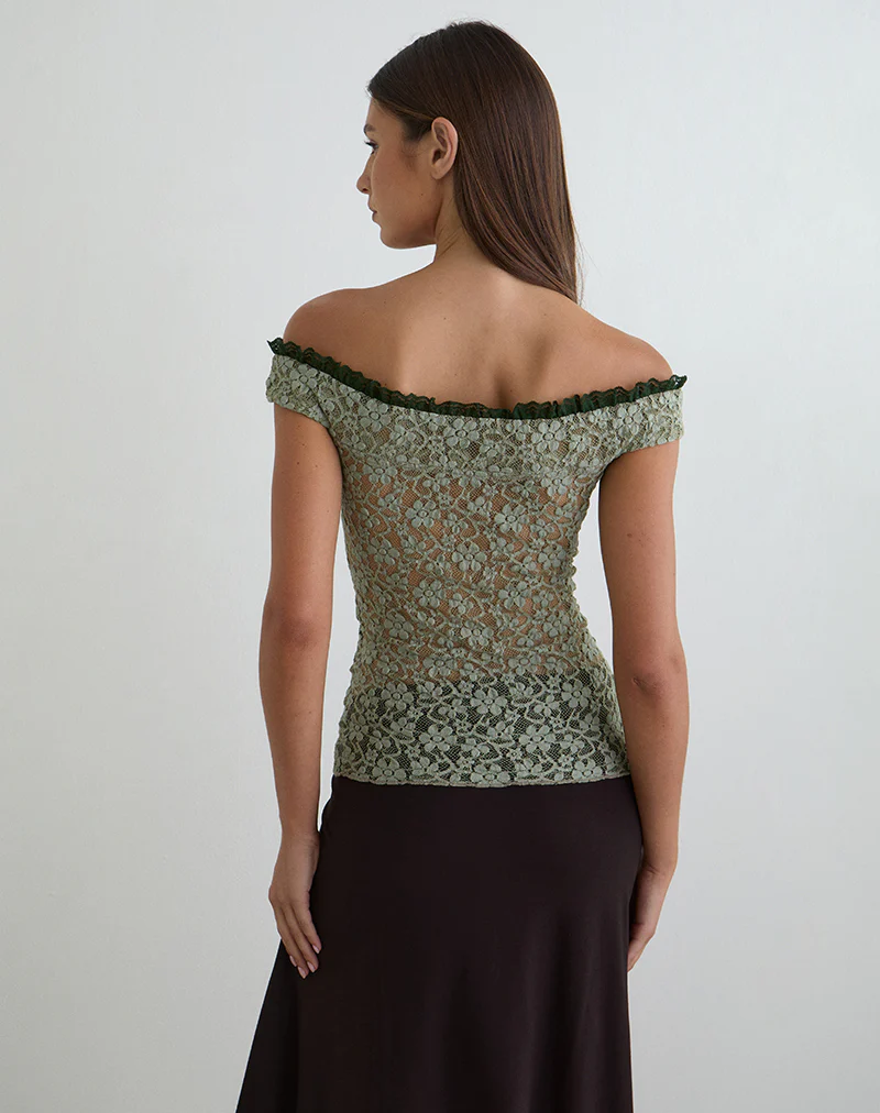 Mayu Top with Ruffle Trim in Lace Sage Green - Image 4