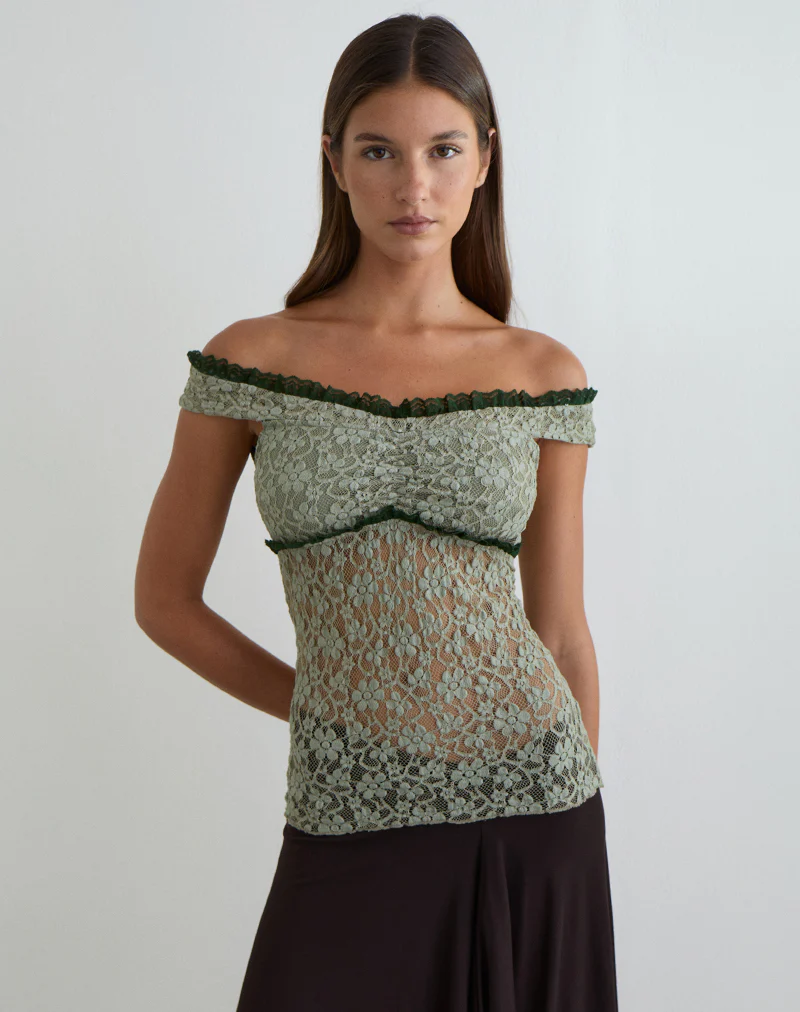 Mayu Top with Ruffle Trim in Lace Sage Green - Image 5