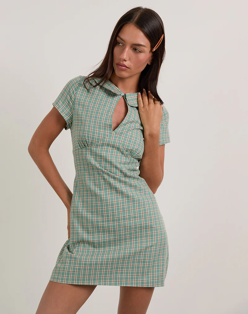 Medora Keyhole Mini Dress in Teal Check - Image 2