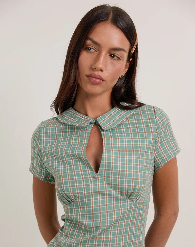Medora Keyhole Mini Dress in Teal Check - Image 4