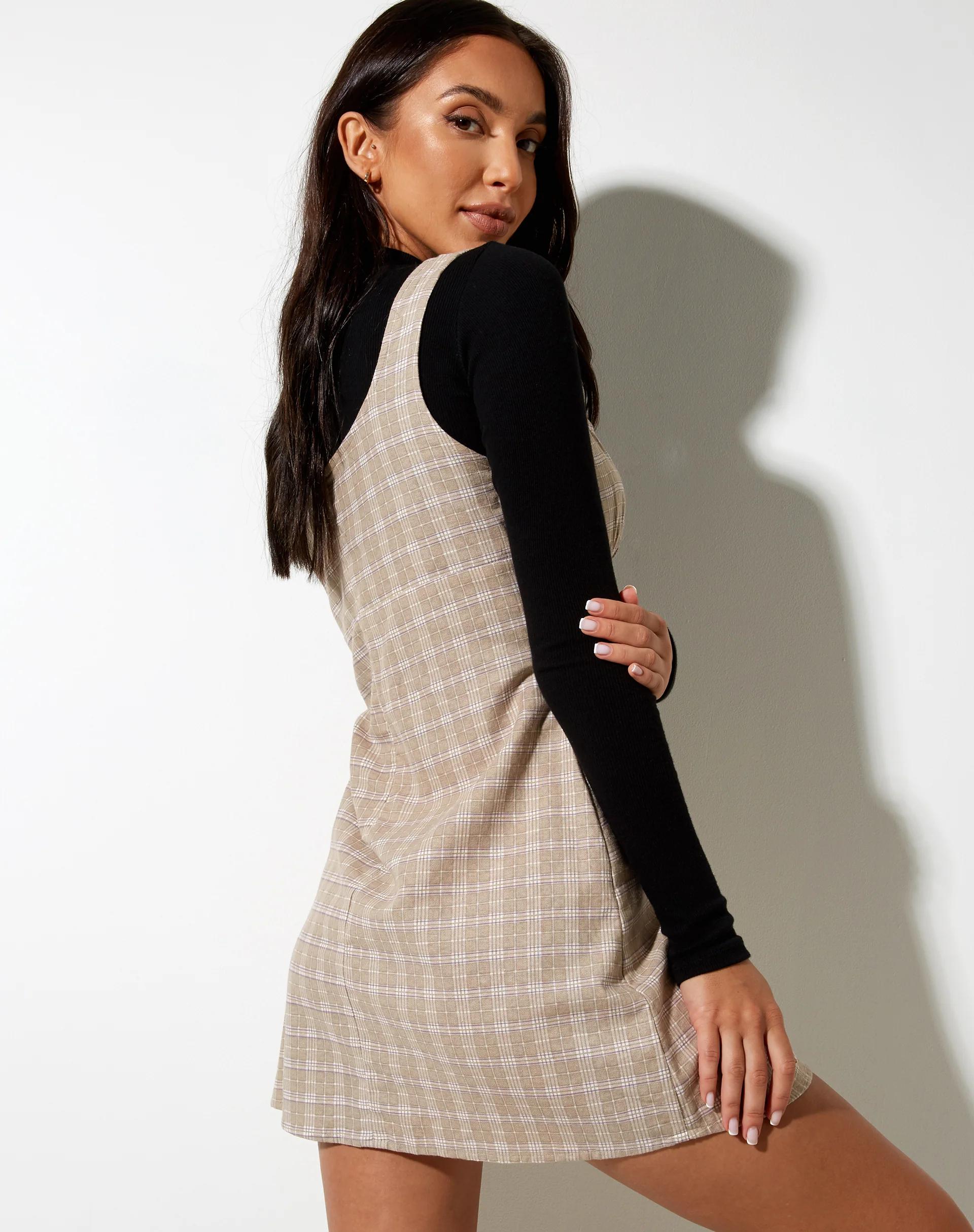 Mehra Mini Dress in Taupe Check - Image 2