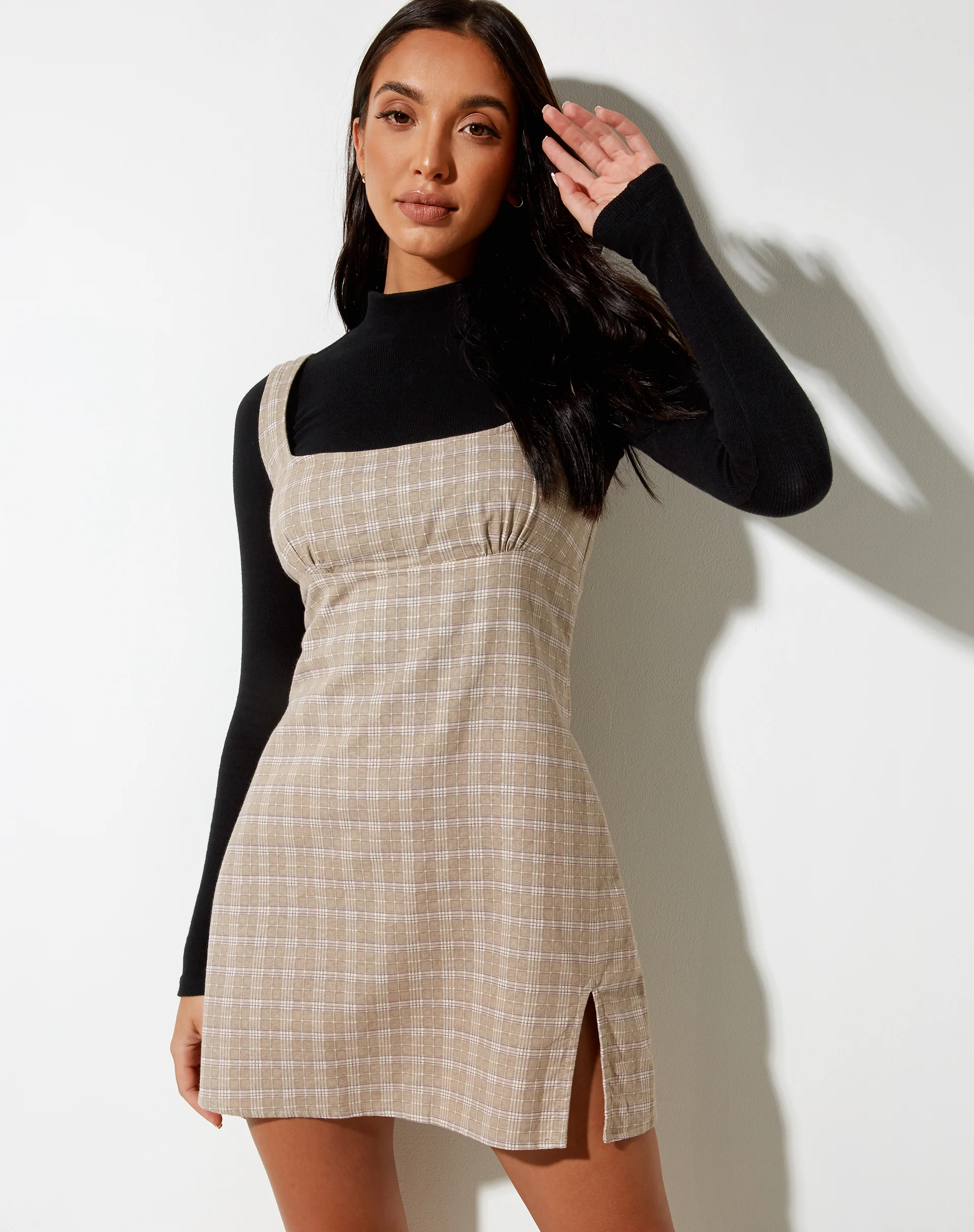Mehra Mini Dress in Taupe Check - Image 3