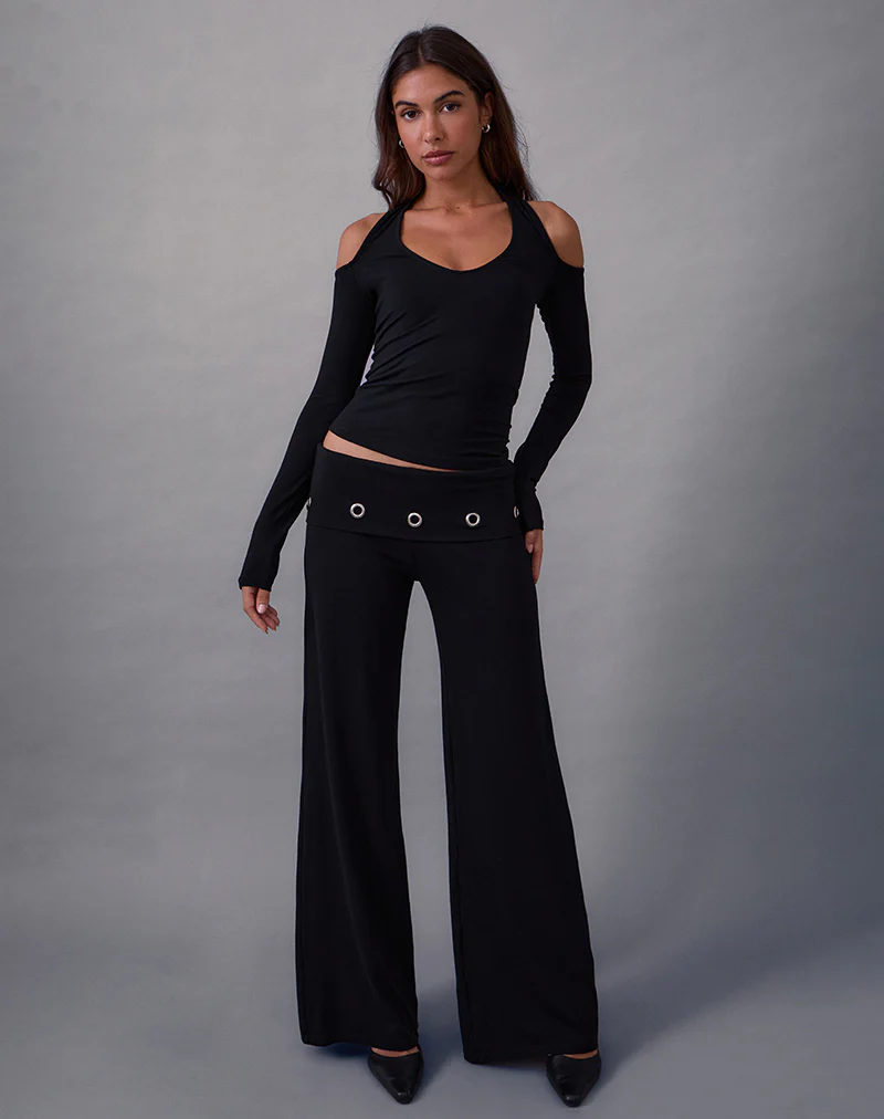 Melton Long Sleeve Halter Top in Rayon Jersey Black - Image 2