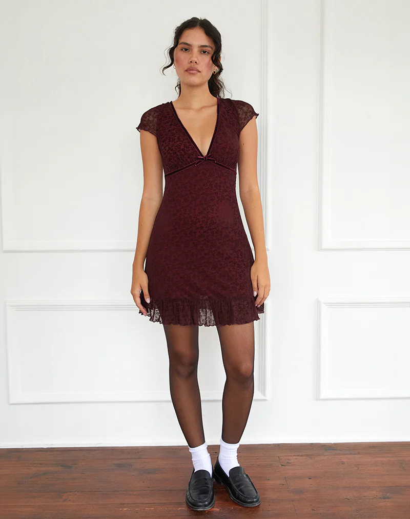 Melva Mini Dress in Ditsy Flock Burnt Maroon - Image 4