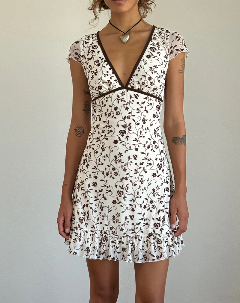 Melva Mini Dress in Brown Stem Flower Flock - Image 2