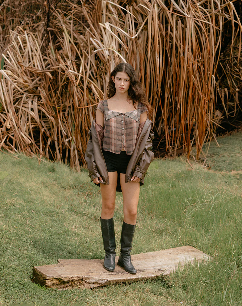 Meraki Blouse Top in Brown and Pink Blurry Check - Image 2