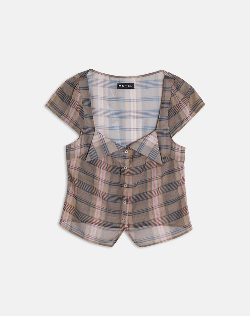 Meraki Blouse Top in Brown and Pink Blurry Check - Image 3