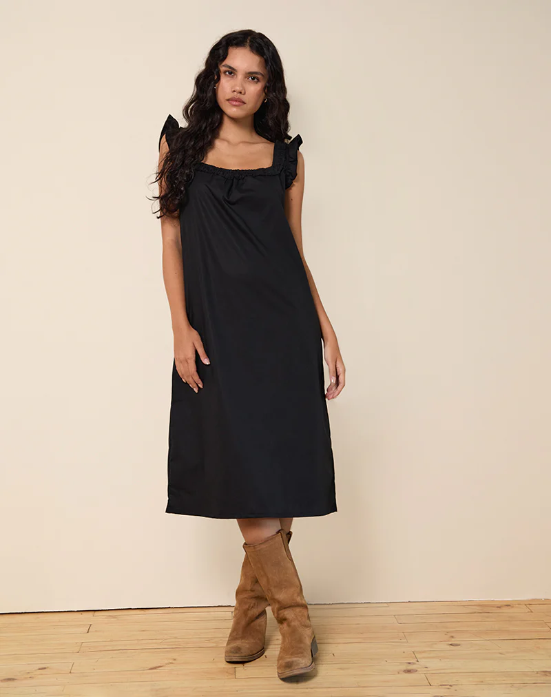 Merrily Smock Midi Dress in Poplin Black - Image 3