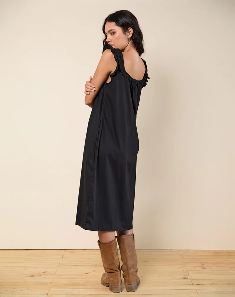 Merrily Smock Midi Dress in Poplin Black - Image 4