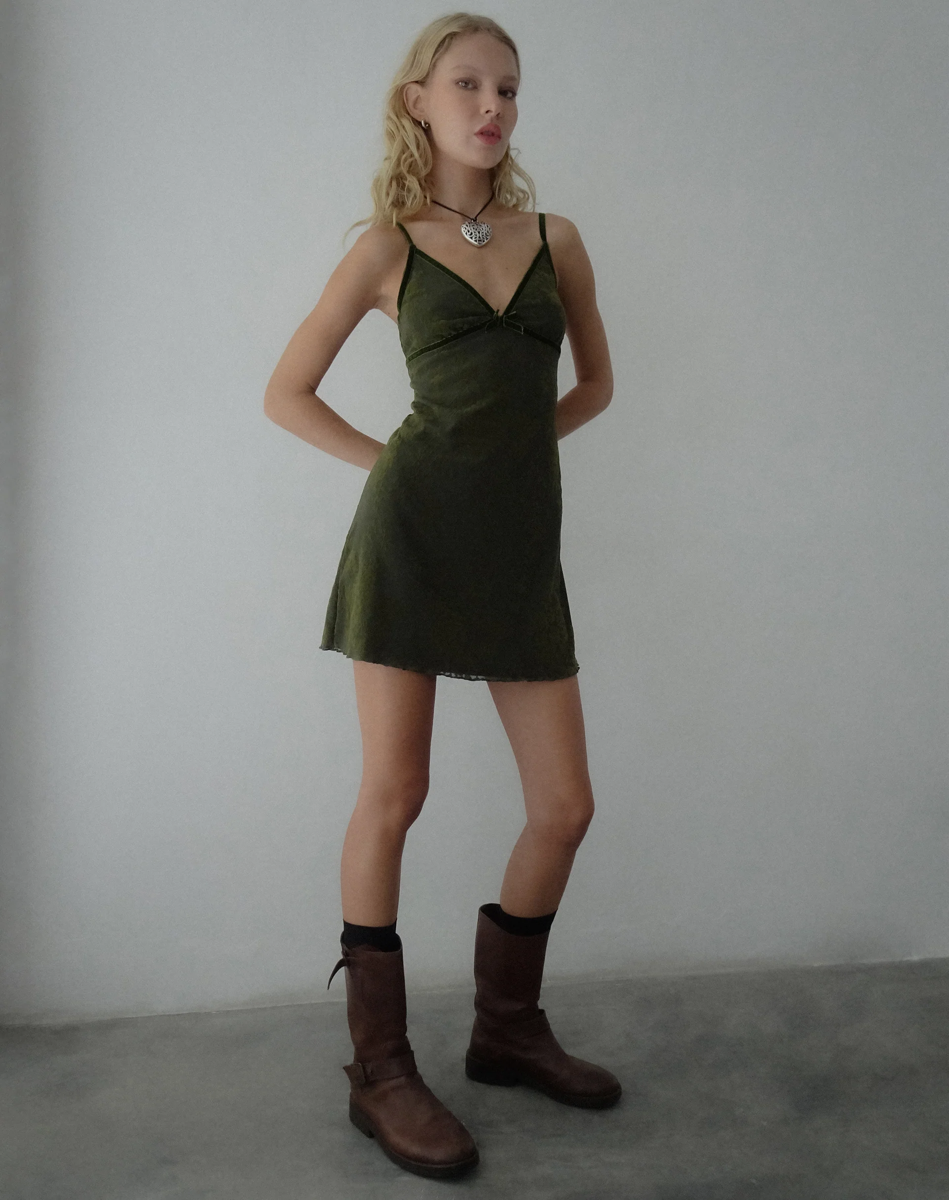 Mevila Mini Dress in Abstract Botanic Dark Olive - Image 4