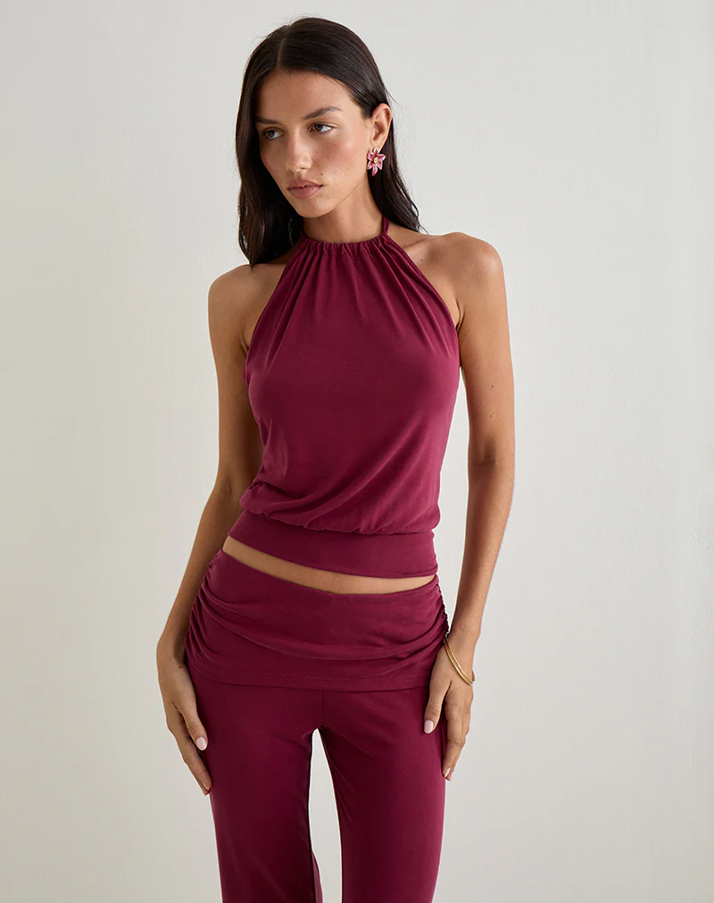 Miasa Backless Halterneck Top in Cupro Burgundy
