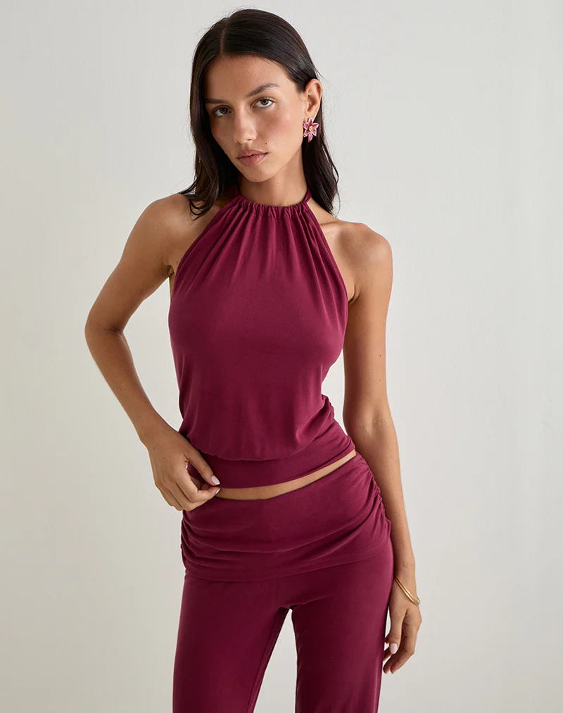 Miasa Backless Halterneck Top in Cupro Burgundy - Image 3