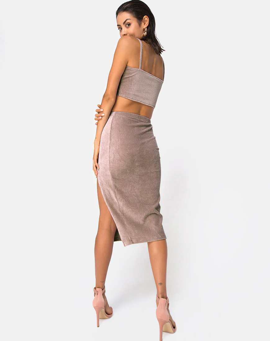 Midi Cheri Split Skirt in Rib Taupe - Image 3