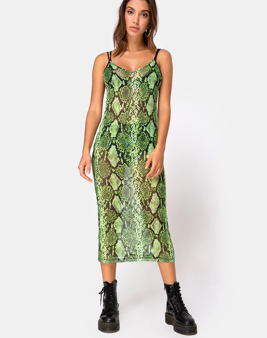 Midnight Midi Dress in Slime Lime Snake Mesh - Image 2