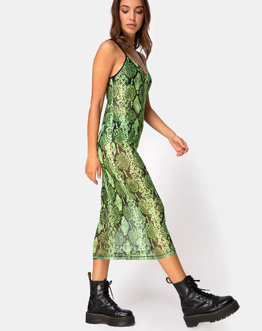 Midnight Midi Dress in Slime Lime Snake Mesh - Image 4