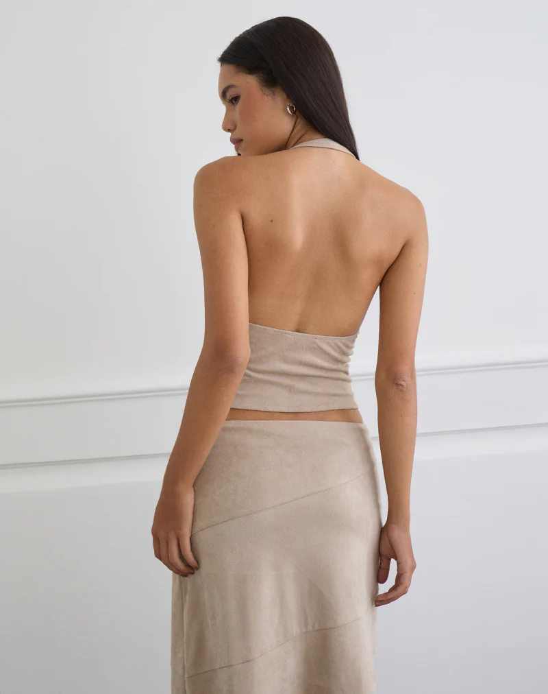 Miella Tie Front Top in Suede Light Taupe with Eyelets - Image 2