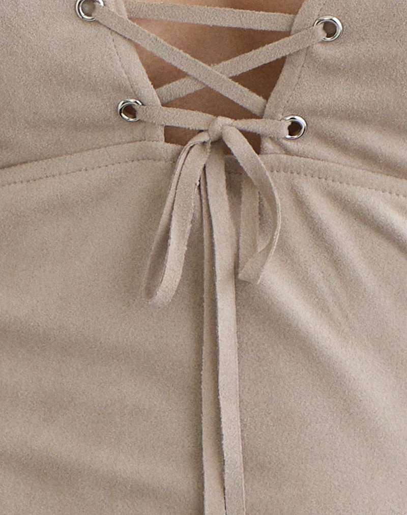 Miella Tie Front Top in Suede Light Taupe with Eyelets - Image 5