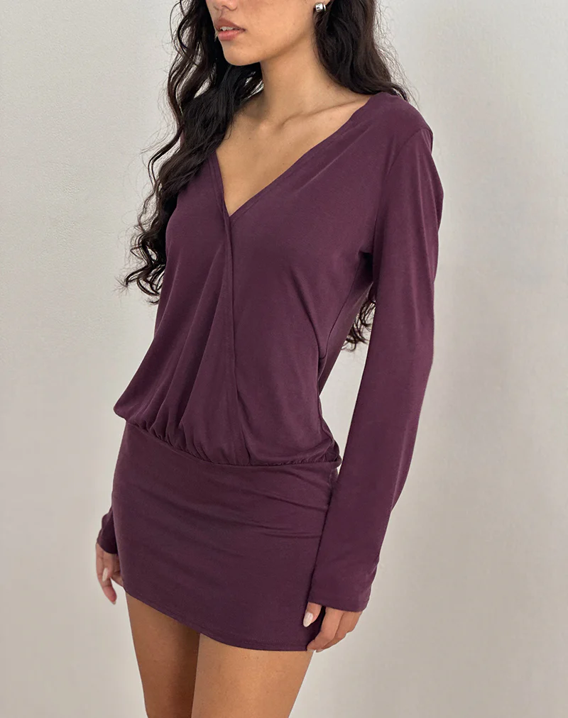 Mihiro Plunge Mini Dress in Cupro Deep Purple - Image 2