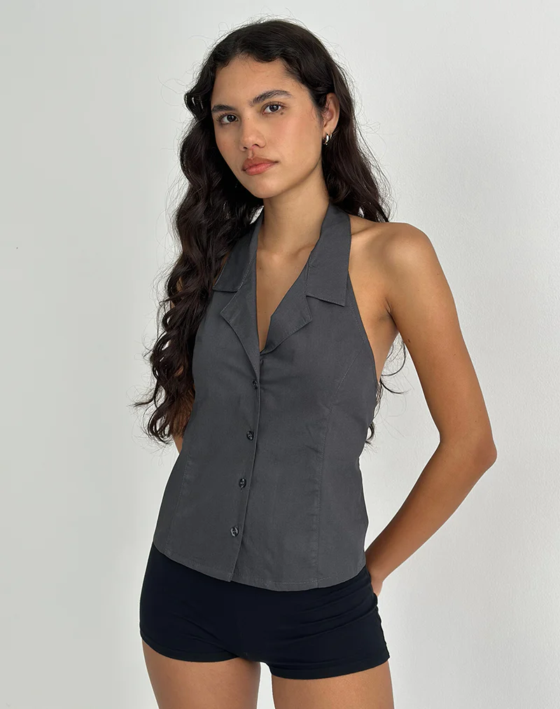 Mikanu Button Down Halterneck Blouse in Charcoal Grey - Image 3