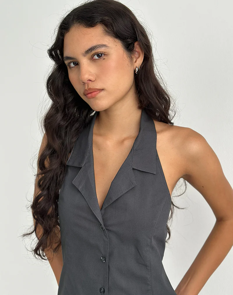 Mikanu Button Down Halterneck Blouse in Charcoal Grey - Image 4