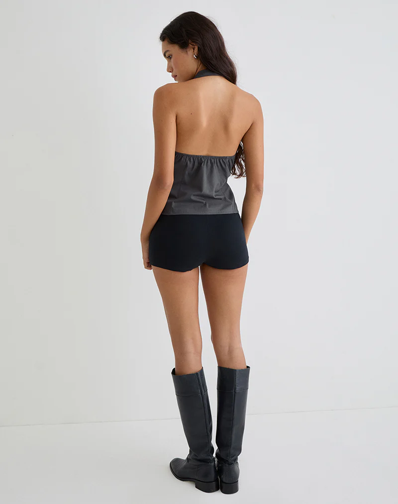 Mikanu Button Down Halterneck Blouse in Charcoal Grey - Image 5