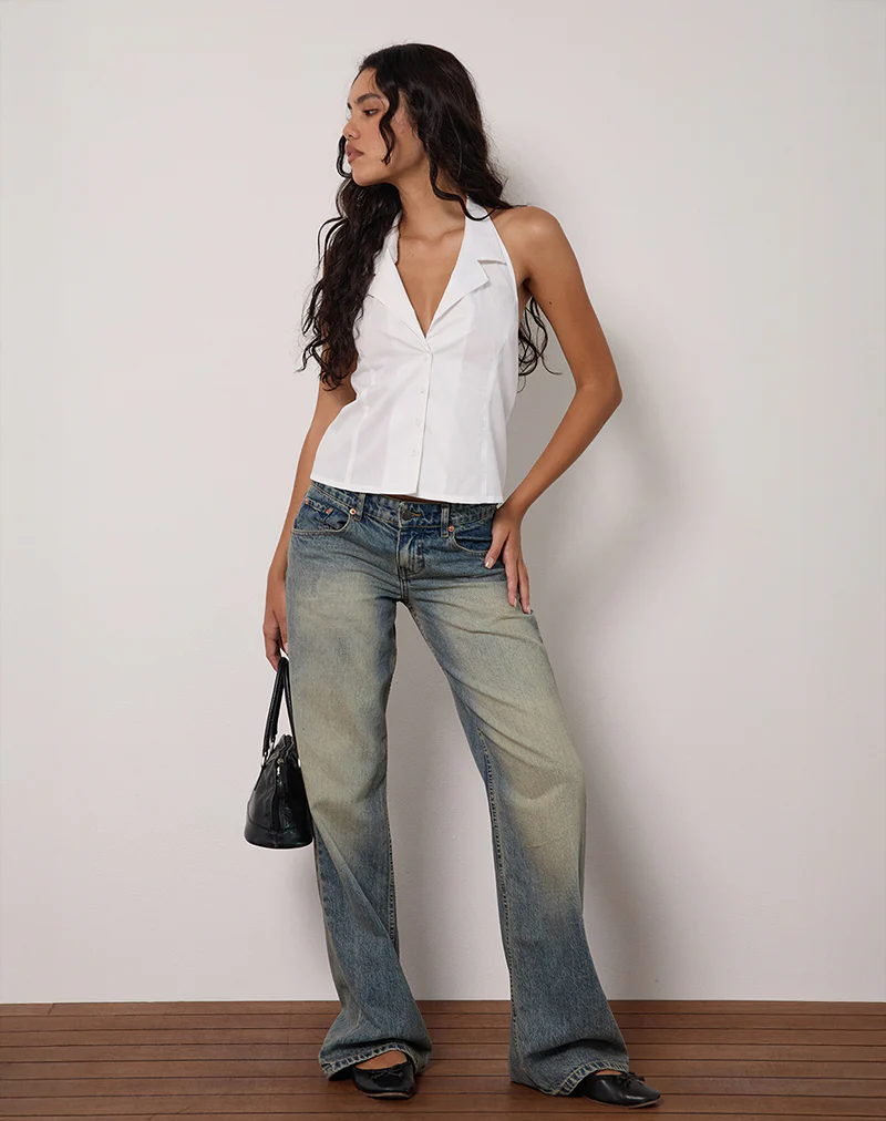 Mikanu Halterneck Button Down Blouse in Poplin White - Image 3