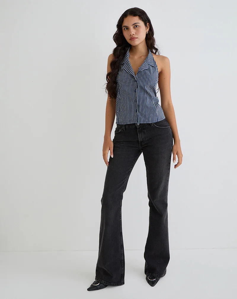 Mikanu Halterneck Blouse in Pinstripe Navy - Image 3