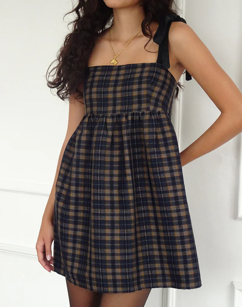 Mikayla Square Neck Mini Dress in Navy and Mustard Check - Image 2