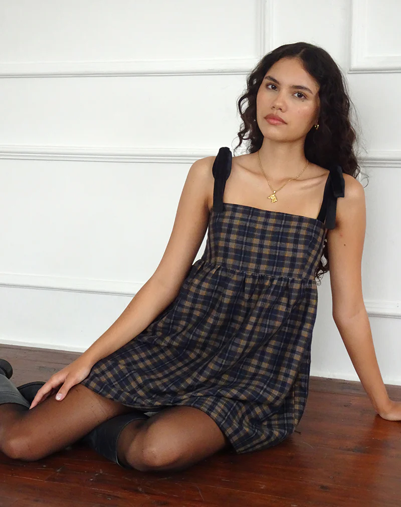 Mikayla Square Neck Mini Dress in Navy and Mustard Check - Image 4