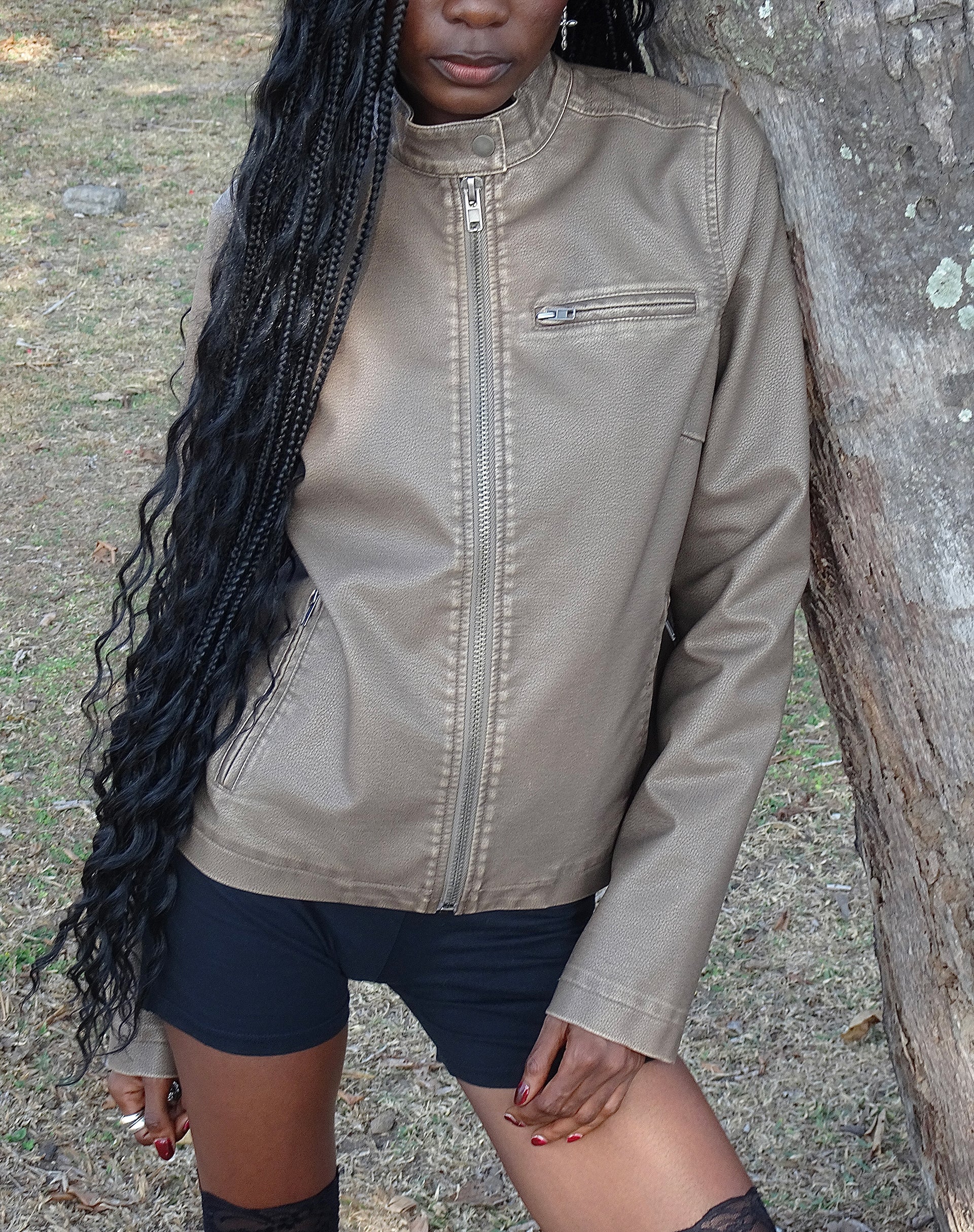 Mildred Distressed Biker Jacket in PU Olive - Image 2