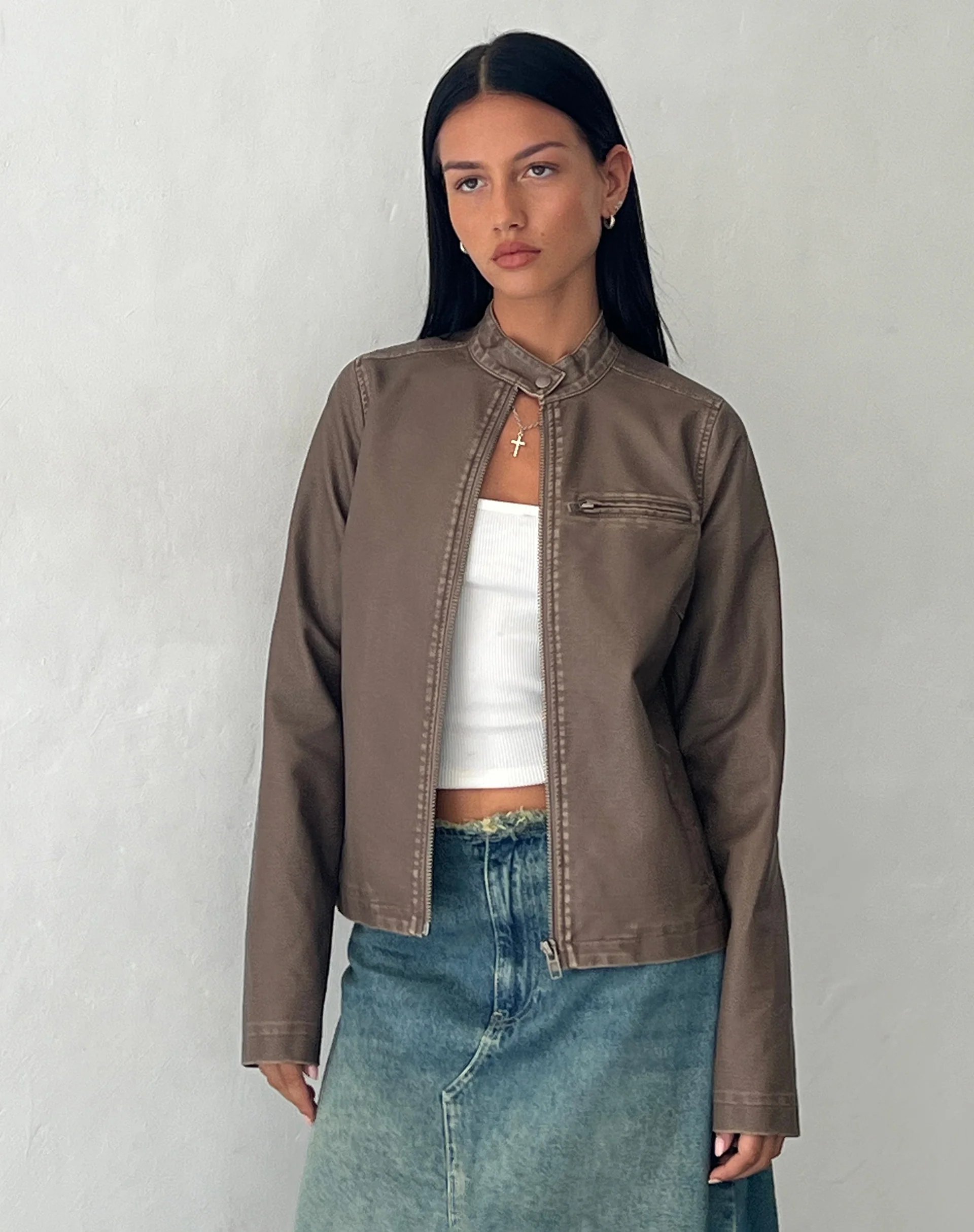Mildred Distressed Biker Jacket in PU Olive - Image 3