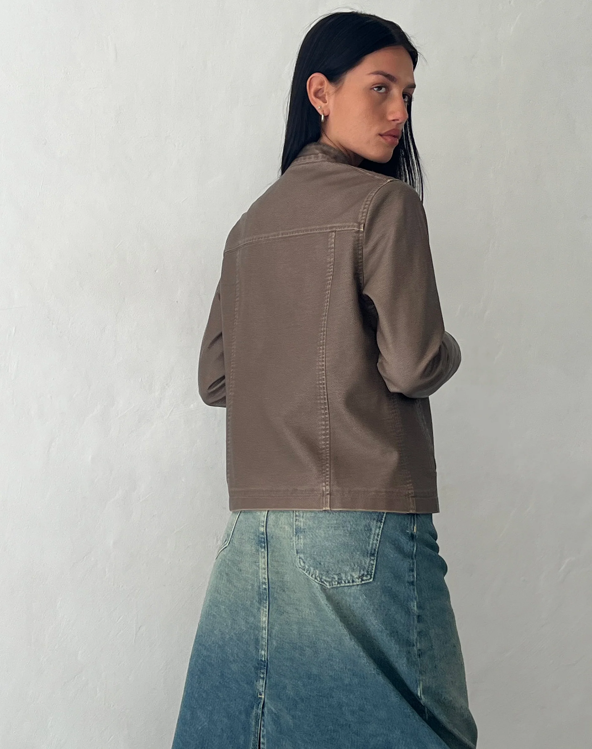 Mildred Distressed Biker Jacket in PU Olive - Image 4