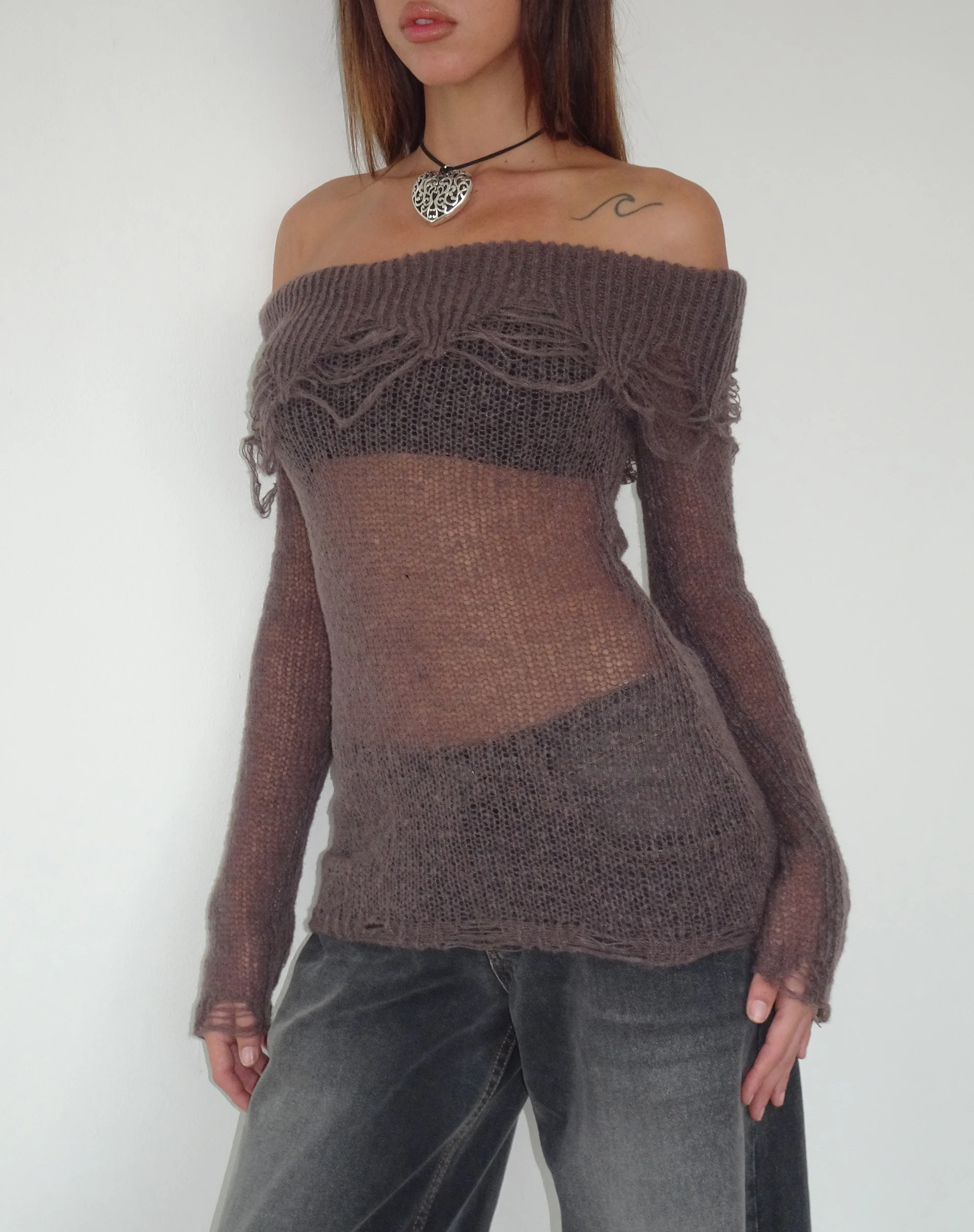 Milena Distress Knit Long Sleeve Bardot Top in Maroon - Image 2