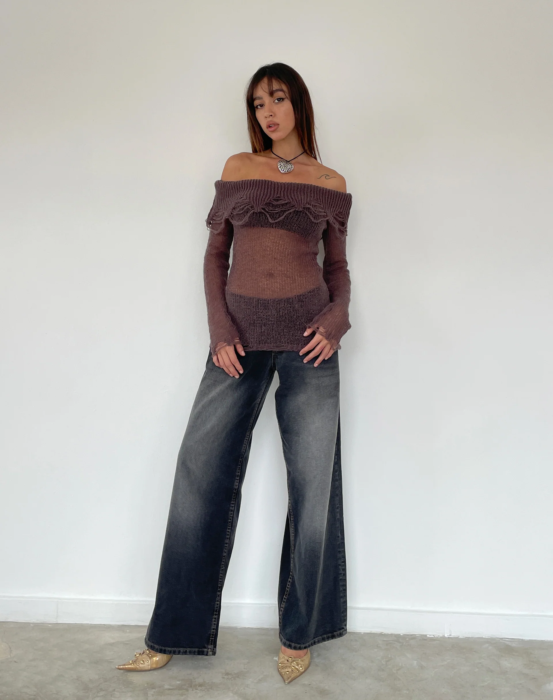 Milena Distress Knit Long Sleeve Bardot Top in Maroon - Image 3