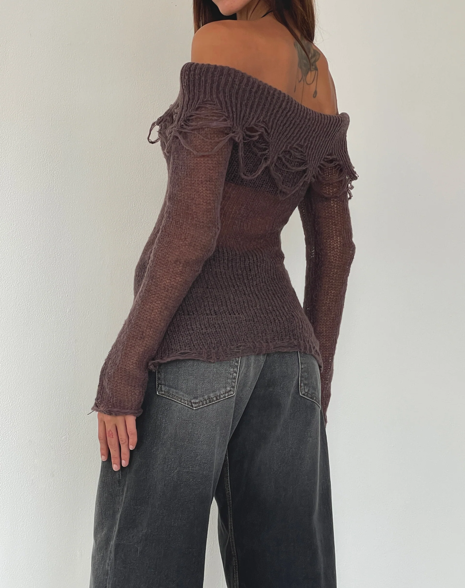 Milena Distress Knit Long Sleeve Bardot Top in Maroon - Image 5