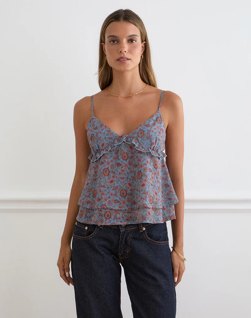 Millar Frill Top in Shadow Blossom Blue Chiffon - Image 5