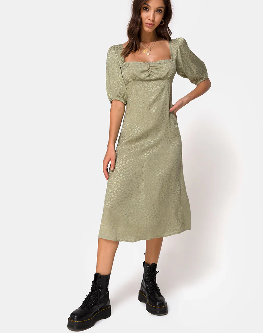 Millo Midi Dress in Satin Ditsy Rose Sage - Image 3