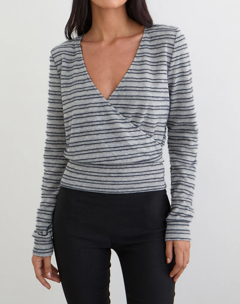 Milzie Wrap Top in Horizontal Stripe Knit Grey and Black - Image 2