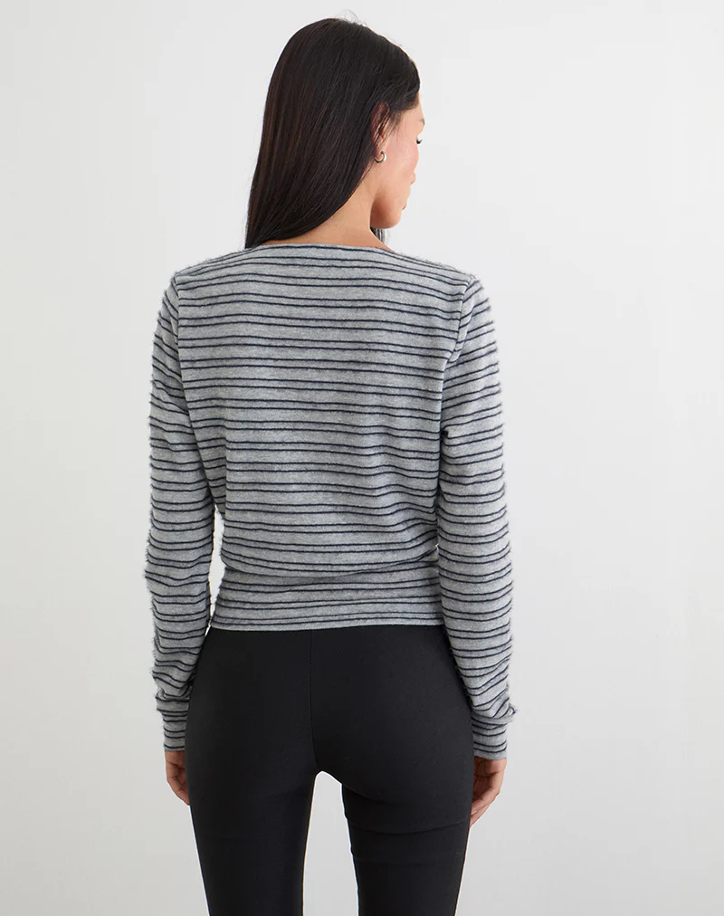 Milzie Wrap Top in Horizontal Stripe Knit Grey and Black - Image 3