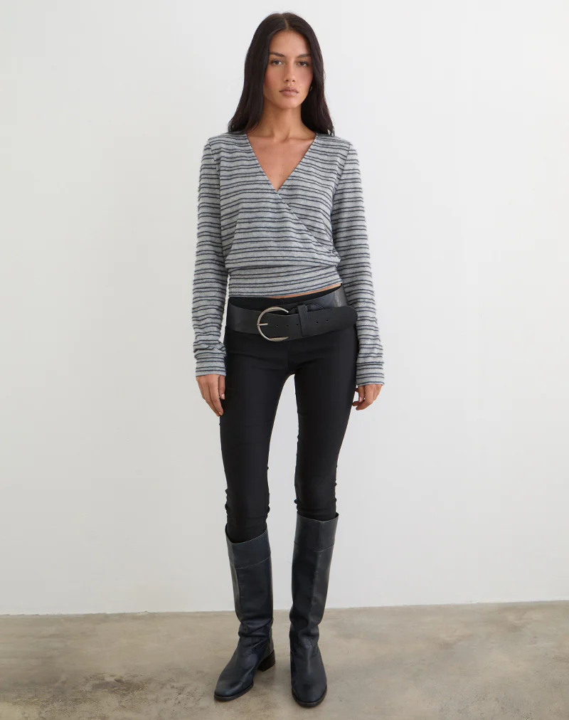 Milzie Wrap Top in Horizontal Stripe Knit Grey and Black - Image 4