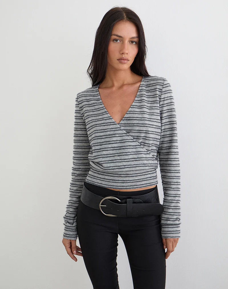 Milzie Wrap Top in Horizontal Stripe Knit Grey and Black - Image 5