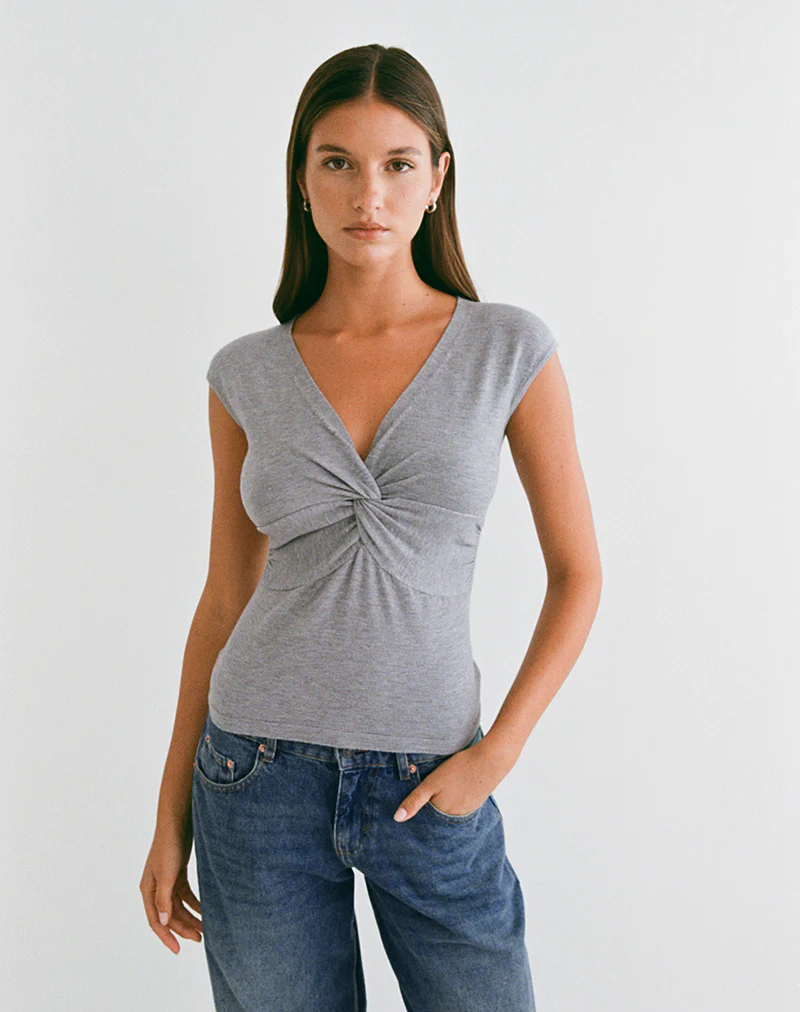 Minari V Neck Twist Top in Knit Grey - Image 5