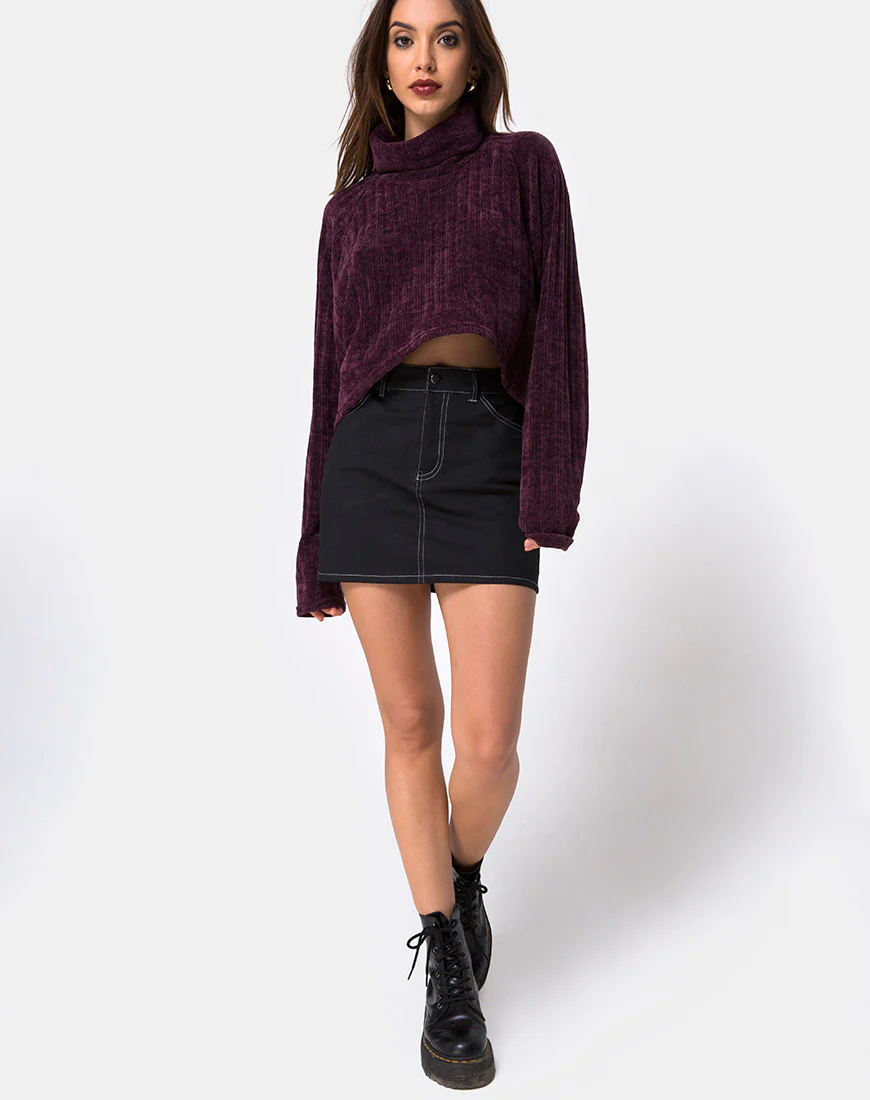 Mini Broomy Skirt in Black with White Stitch - Image 3