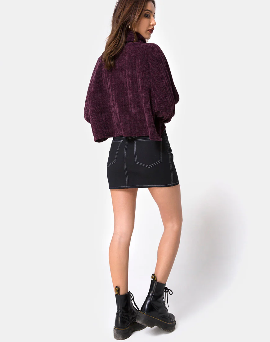 Mini Broomy Skirt in Black with White Stitch - Image 4