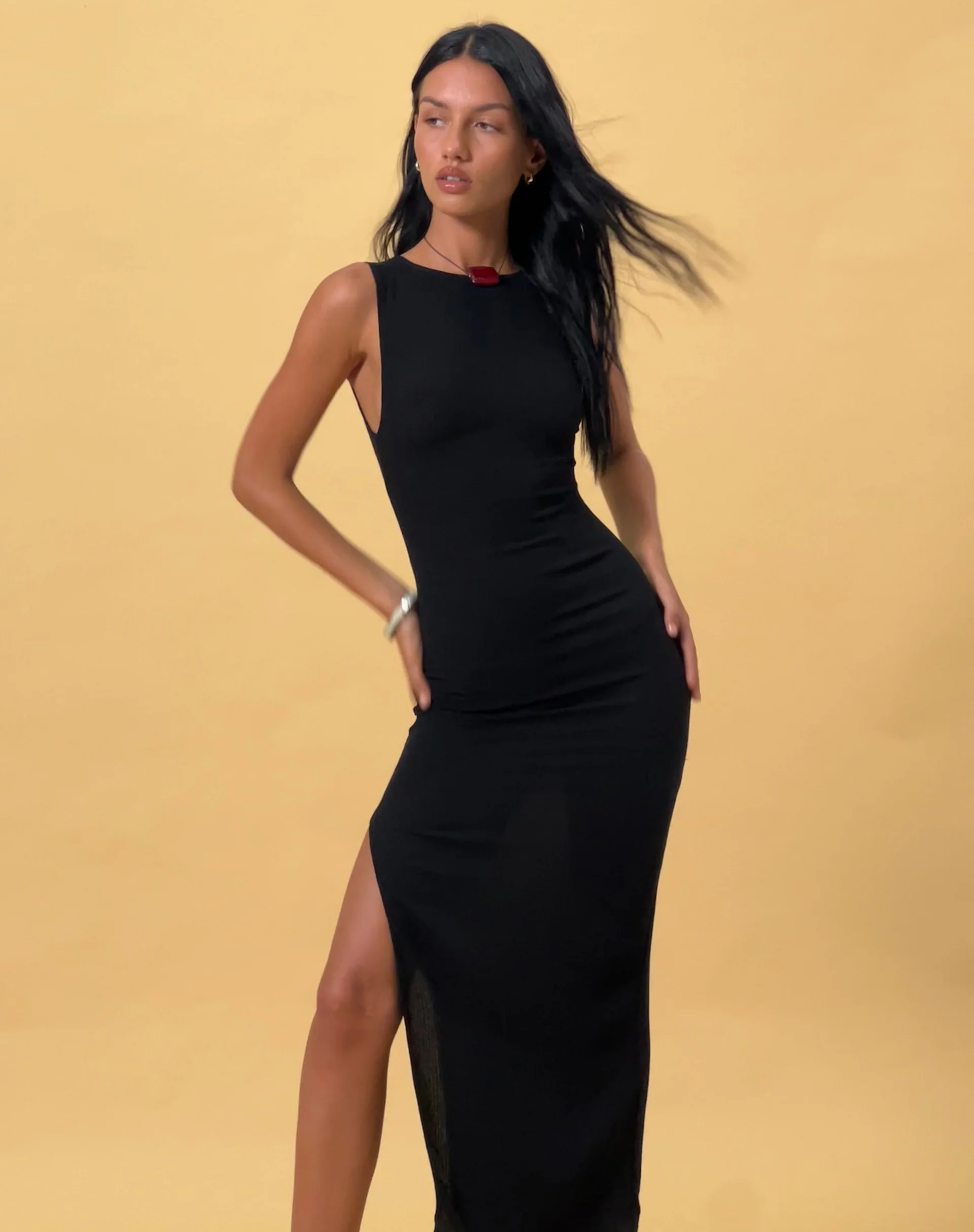 Minyo Racer Neck Maxi Dress in Crinkle Black - Image 4