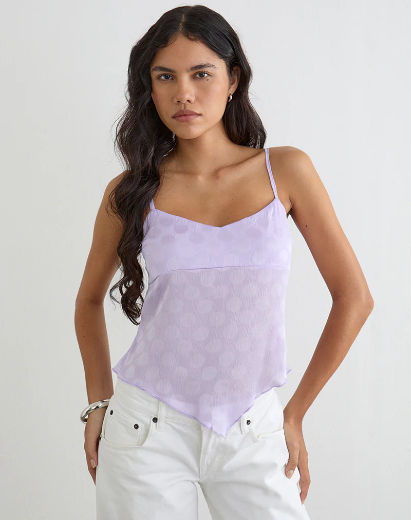 Mirelle Handkerchief Cami Top in Chiffon Lilac Polka Dot - Image 3