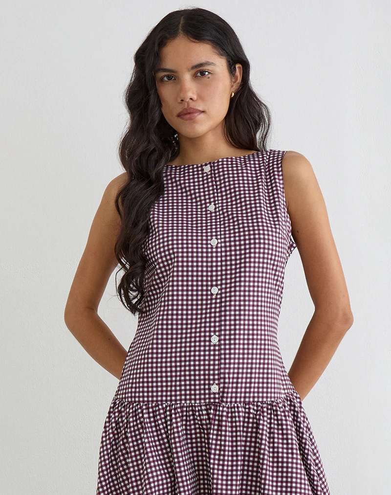 Miriam Midi Dress in Mini Gingham Wine - Image 2