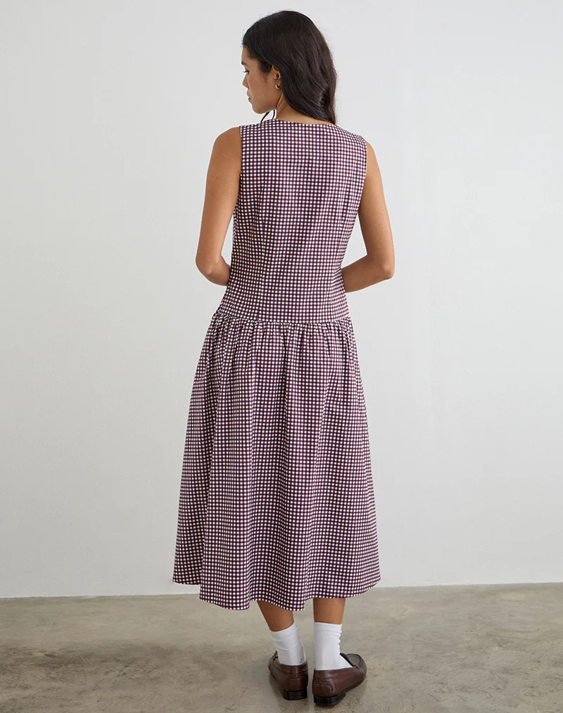 Miriam Midi Dress in Mini Gingham Wine - Image 3