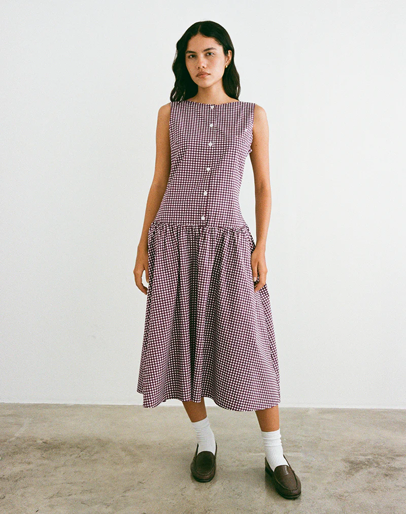 Miriam Midi Dress in Mini Gingham Wine - Image 4