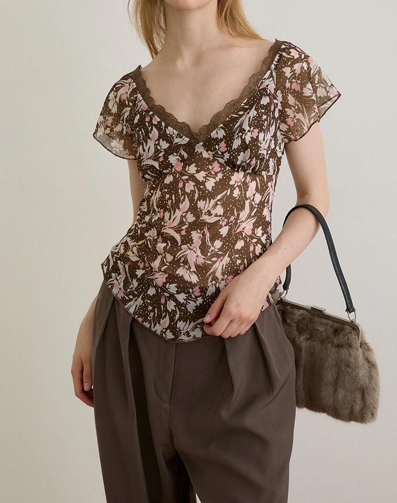 Misaki Top in Chiffon Polka Flower Brown - Image 4